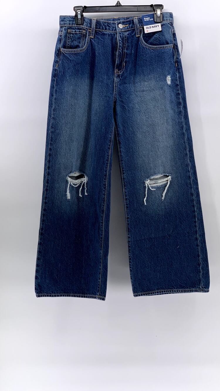 OLD NAVY Women's Dark Blue Distressed Baggy Wide-Leg Five-Pocket Jeans SZ 18